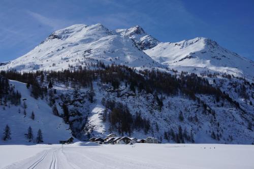 a snow covered mountain with a ski slope in front at Hotel Ristorante Lagrev in Maloja