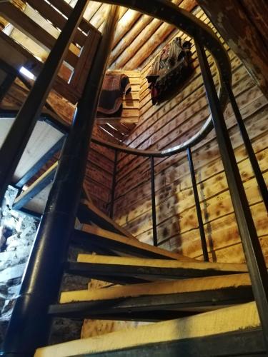 a view from the top of a wooden ceiling at Hotel Front Castle in Shatili