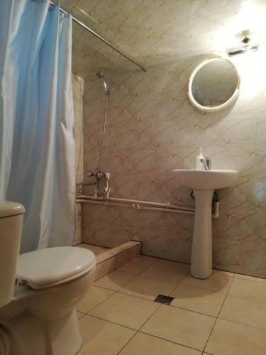 a bathroom with a toilet and a sink at Hotel Front Castle in Shatili