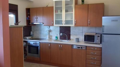 a kitchen with wooden cabinets and a white refrigerator at Ammolofoi Villa Maria sea view in Nea Peramos