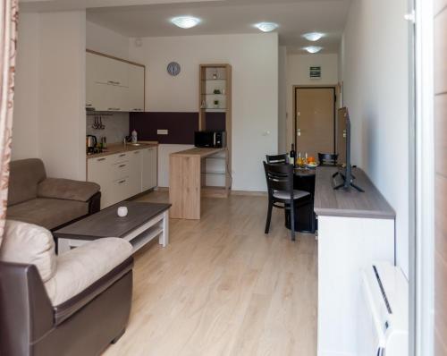 a living room and kitchen with a couch and a table at Minka in Kotor
