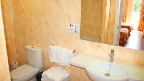 a bathroom with a toilet and a sink and a mirror at Apartamentos Martha's in Palmanova