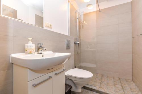 a bathroom with a sink and a toilet and a shower at Apartamentai Gėlių Vila in Nida
