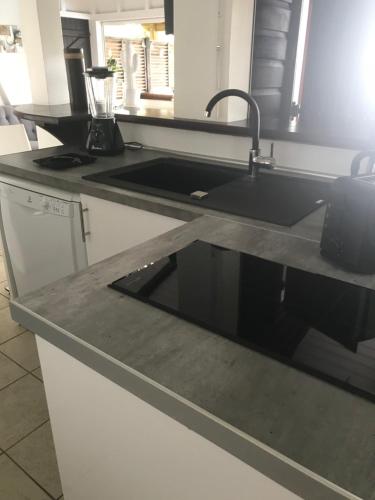 a kitchen with a sink and a counter top at Villa Pelican Lodge in Deshaies