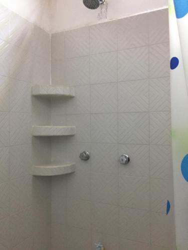 a shower with shelves in a bathroom at Cabañas MR in Bacalar