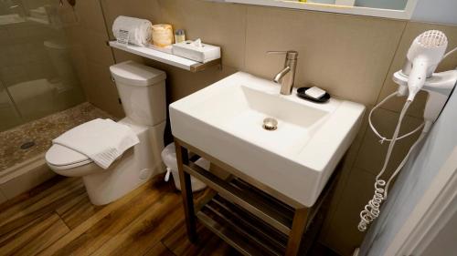 a bathroom with a white sink and a toilet at El Royale Gardens Near Universal Studios in Los Angeles