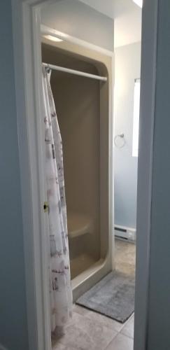 a shower door with a shower curtain in a bathroom at 1st floor cottage! One Block to Beach, Convention Center and Wildwood Crest! in Wildwood