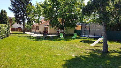 a yard with a playground with a tree and a swing at Ilona vendégház Dinnyés in Dinnyés