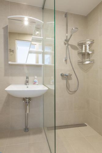 a bathroom with a sink and a shower at Cosy city apartment in Pärnu