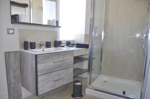 a bathroom with a sink and a shower at Panorama center city in Épernay