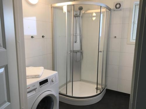 a shower in a bathroom with a washing machine at Eikeland Gard in Bjerkreim