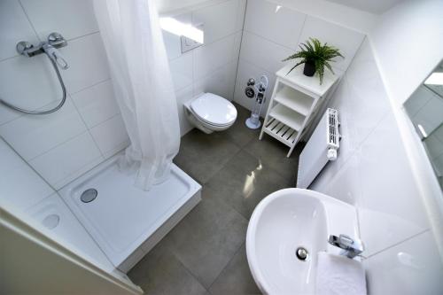 een witte badkamer met een toilet en een wastafel bij Exclusive Apartment Cologne in Keulen