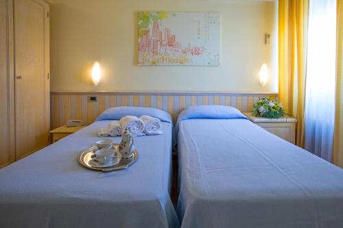 two beds in a hospital room with a tray of teaisers at Hotel Massimo in Marina di Cecina