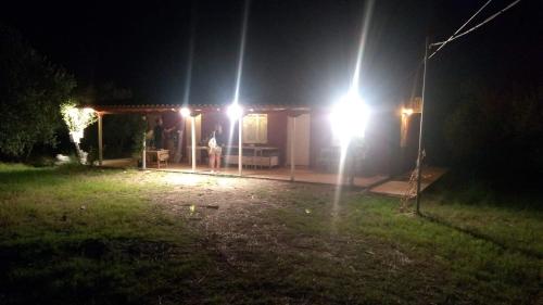 a person standing in front of a house at night at Olive garden guest house in Kyparissia