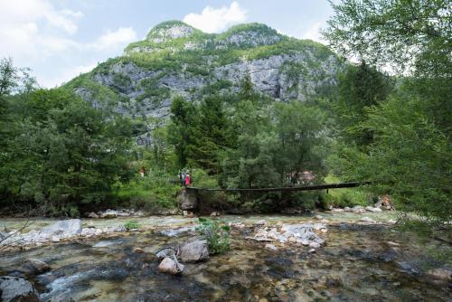 a bridge over a river in front of a mountain at Yellow house in Trenta