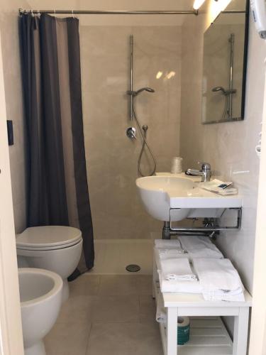 a bathroom with a sink and a toilet and a shower at Hotel Palazzo Ducale in Diamante