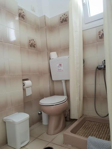 a small bathroom with a toilet and a window at Alkyon Hotel in Kamari