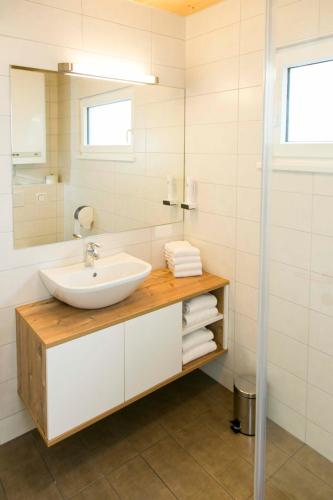 a bathroom with a sink and a mirror at Fishery Steffan in Sankt Kanzian