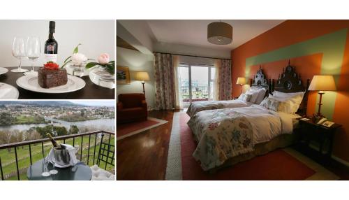 two pictures of a hotel room with a bed and a balcony at Pousada de Valença in Valença