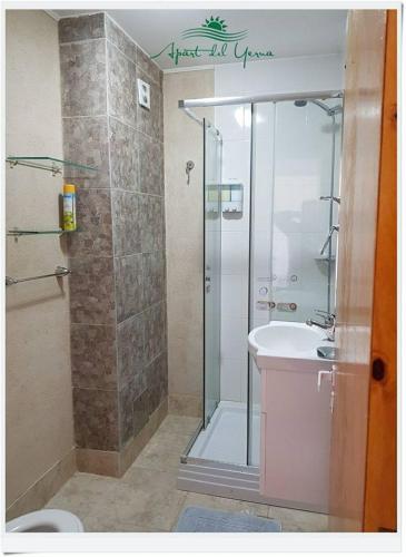 a bathroom with a shower and a toilet and a sink at Apart del YERUA in Puerto Yeruá