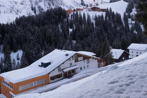 a building on a snow covered hill with trees at Hotel Sonnalpen in Damuls