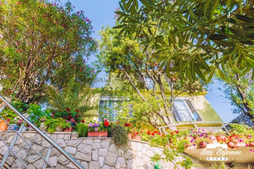a house with flowers and plants on a stone wall at Resort Stikovic in Dobra Voda