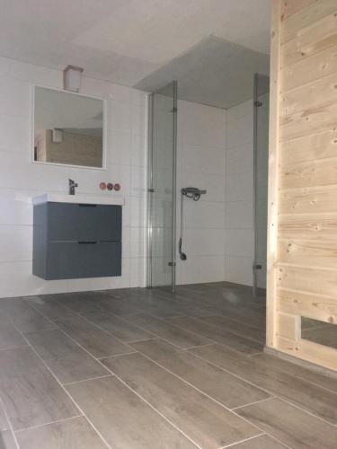 ein Bad mit einem Waschbecken und einer Dusche in einem Zimmer in der Unterkunft Reethaus Niedlich in Middelhagen