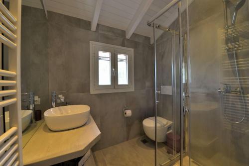 a bathroom with a shower and a sink and a toilet at Villa PortoMare in Porto Rafti