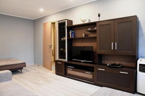a living room with a large entertainment center at Relax Inn Druskininkai in Druskininkai