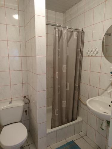 a bathroom with a shower and a toilet and a sink at Pelikan I in Rowy