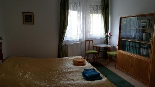 シオーフォクにあるcentrum apartmentのベッドルーム1室(ベッド1台、椅子、窓付)