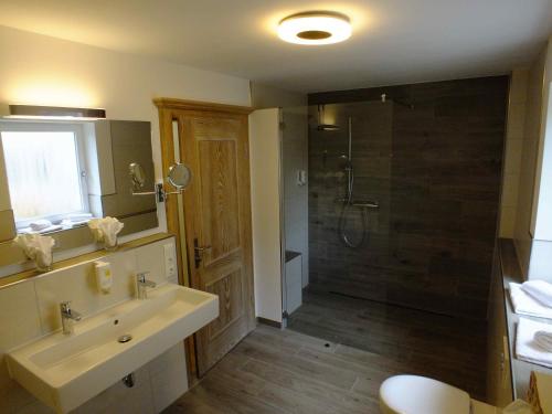 a bathroom with a sink and a shower at Jagdhotel Sudetenhof in Lettgenbrunn