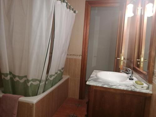 a bathroom with a shower curtain and a sink at Casa y Apartamentos Nati in Carrascosa