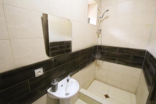 a bathroom with a sink and a shower and a mirror at Skier's House in Mestia