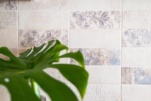 a plant in front of a tiled wall at Apartments & Studios Dalmatino in Vodice