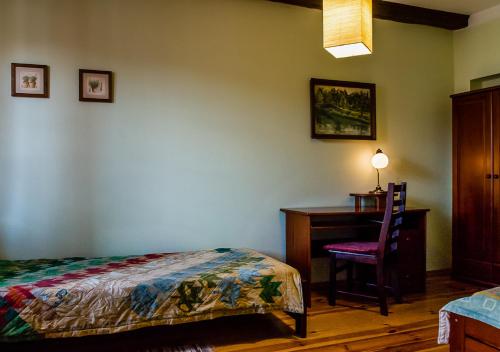 a bedroom with a bed and a desk and a chair at Lublin Apartaments in Lublin