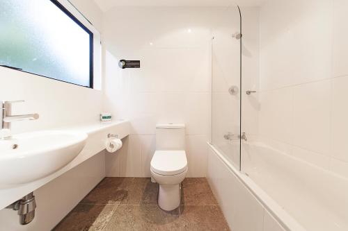 a bathroom with a toilet and a sink and a shower at Lakeland Resort Taupo in Taupo