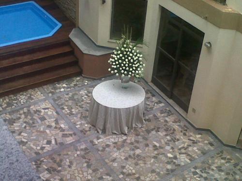 a potted plant sitting on a table in front of a building at Café Palace Hotel in Três Pontas