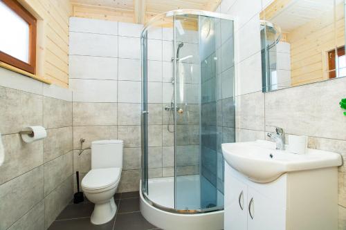 ein Bad mit einer Dusche, einem WC und einem Waschbecken in der Unterkunft Domki KARO in Rowy