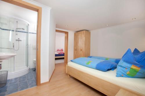 ホラースバッハ・イム・ピンツガウにあるFerienhaus Hochwimmerのベッドルーム1室(青い枕とシャワー付)