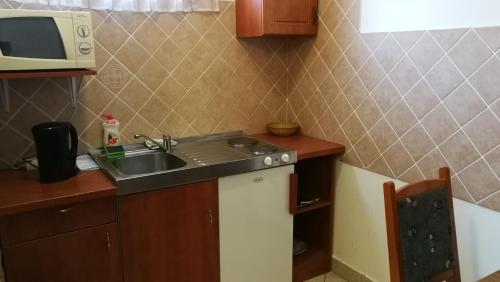 a small kitchen with a sink and a microwave at Dunakanyar Bed & Breakfast Panzio in Göd