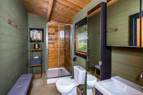 uma casa de banho com um WC, um chuveiro e um lavatório. em Bonaire Boutique Resort em Kralendijk