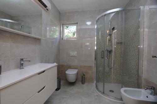a bathroom with a shower and a sink and a toilet at Apartment Slavica in Šilo