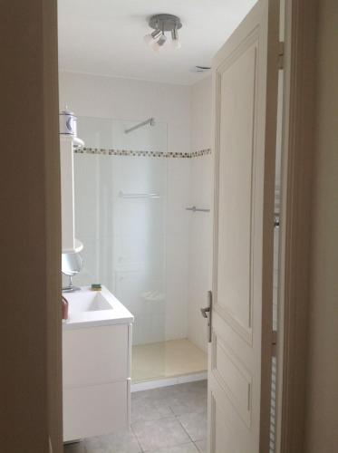 een badkamer met een witte wastafel en een douche bij Appartement Tout Confort avec Terrasse in Nice