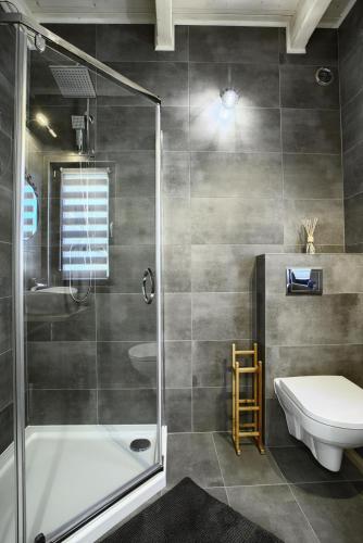 a bathroom with a shower and a toilet and a sink at Domki Modrzewiowa 20 in Rewal
