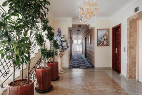 a hallway with potted plants and a chandelier at Boutique Hotel California in Odesa