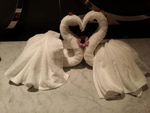 duas toalhas em forma de cisnes sentadas num balcão da casa de banho em Alessi Suites & Studio em Mazzarino