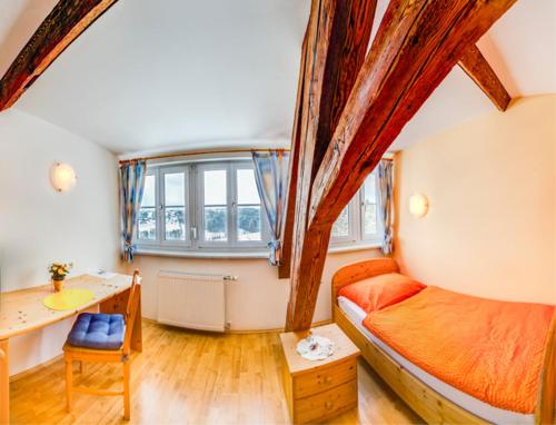 um quarto com uma cama, uma secretária e uma janela em Frühstückspension Zanglhof em Lannach