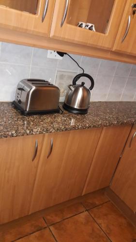 a tea kettle and toaster sitting on a kitchen counter at Tehilah in Sabie