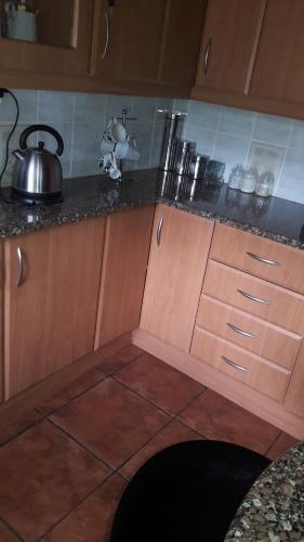 a kitchen with wooden cabinets and a tea kettle on the counter at Tehilah in Sabie